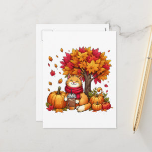 Cute Autumn Cat with Iced Coffee Pumpkins Holiday Postcard