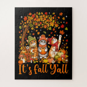 Cute Autumn Cats Leaves Pumpkin "It's Fall Y'All" Jigsaw Puzzle