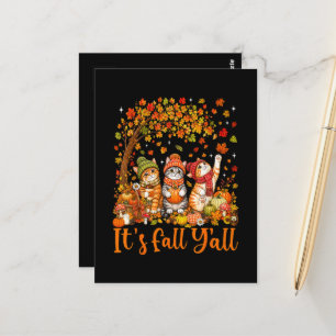 Cute Autumn Cats Leaves Pumpkin "It's Fall Y'All" Postcard