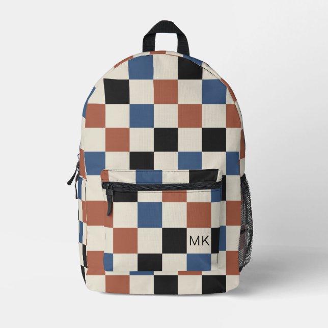 Cute Autumn Coloured Chequerboard Monogram Initial Printed Backpack (Front)