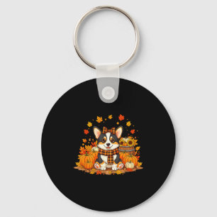 Cute Autumn Corgi Dog With Pumpkins And Plaid F Fa Key Ring