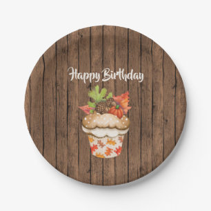 Cute Autumn Cupcake on Wood Fall Happy Birthday Paper Plate
