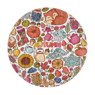 Cute Autumn Elements Hand Drawn Cutting Board