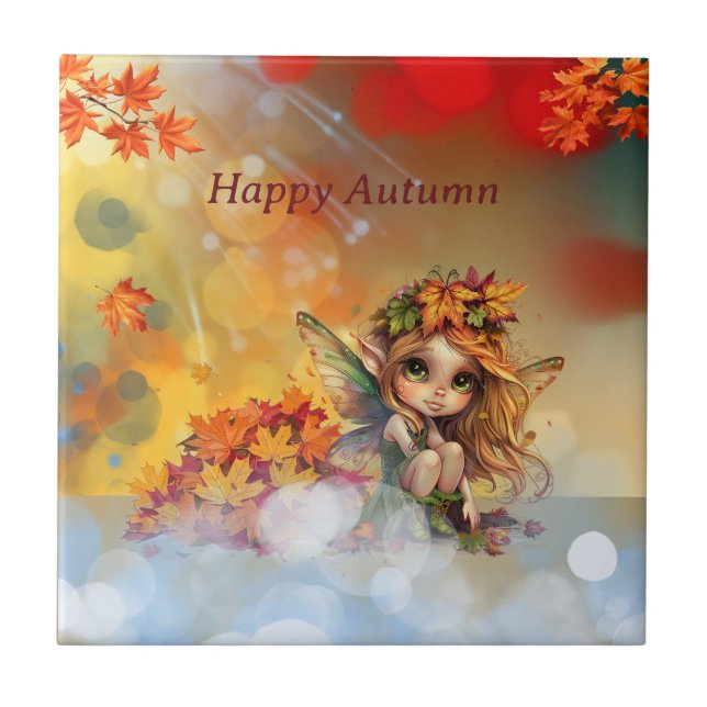 Cute Autumn Fairy with Fallen Leaves Tile (Front)