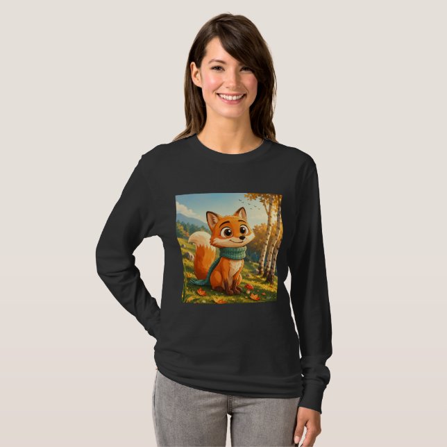 Cute Autumn Fox Scarf Long Sleeve T-Shirt (Front Full)