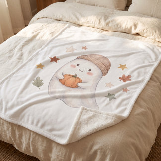 Cute Autumn Ghost Pumpkin Sherpa Fleece Blanket