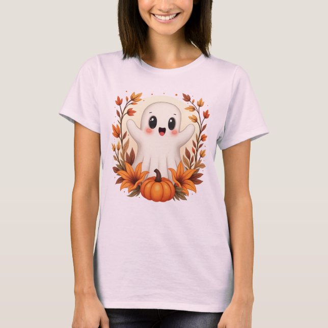 Cute Autumn Ghost Pumpkin T-Shirt (Front)