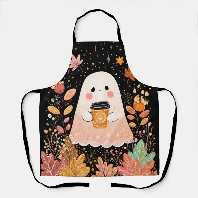 Cute Autumn Ghost with Pumpkin Coffee – Cosy Fall  Apron (Front)