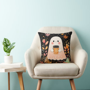 Cute Autumn Ghost with Pumpkin Coffee – Cosy Fall Cushion
