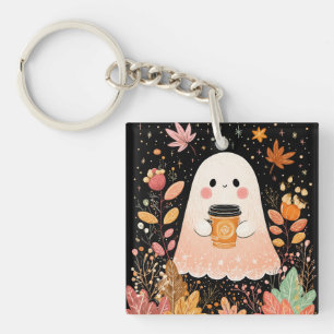 Cute Autumn Ghost with Pumpkin Coffee – Cosy Fall Key Ring