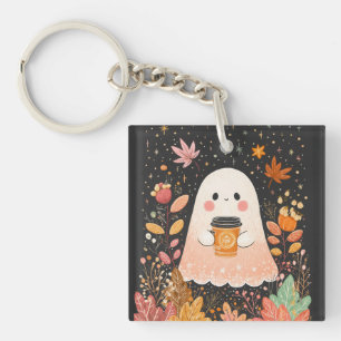 Cute Autumn Ghost with Pumpkin Coffee – Cosy Fall  Key Ring
