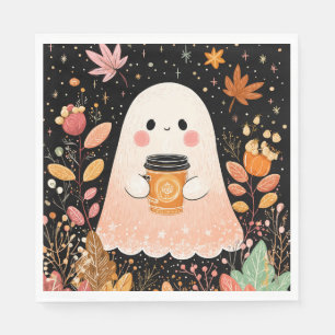 Cute Autumn Ghost with Pumpkin Coffee – Cosy Fall Napkin