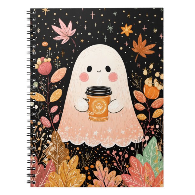 Cute Autumn Ghost with Pumpkin Coffee – Cosy Fall  Notebook (Front)