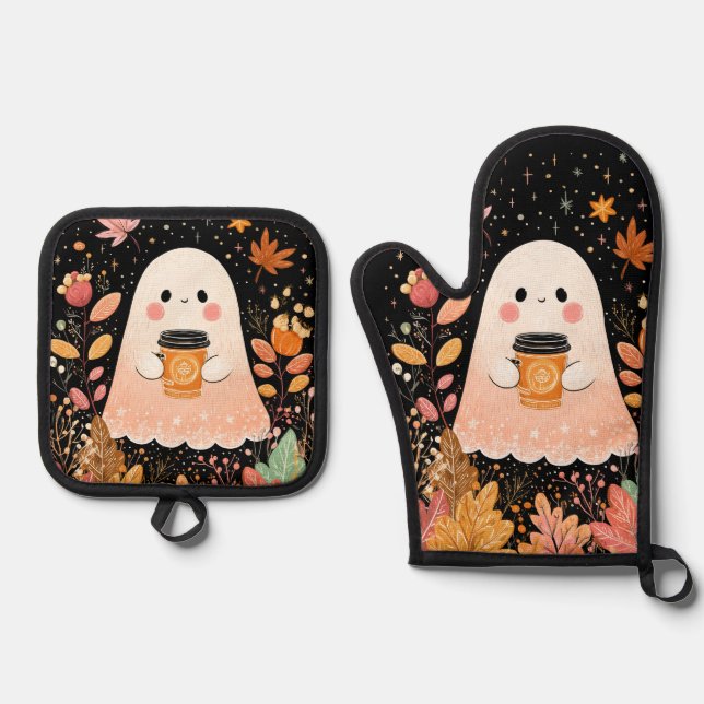 Cute Autumn Ghost with Pumpkin Coffee – Cosy Fall  Oven Mitt & Pot Holder Set (Front)