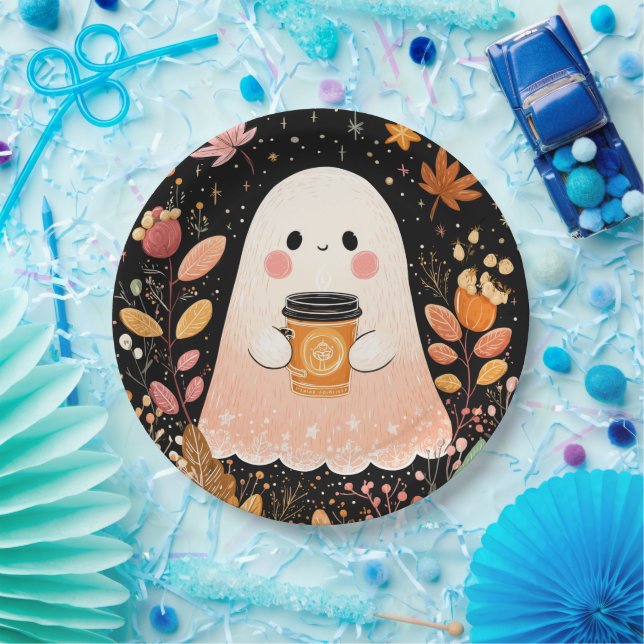 Cute Autumn Ghost with Pumpkin Coffee – Cosy Fall  Paper Plate (Party)