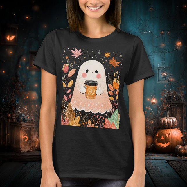Cute Autumn Ghost with Pumpkin Coffee – Cosy Fall  T-Shirt (Creator Uploaded)
