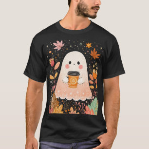 Cute Autumn Ghost with Pumpkin Coffee – Cosy Fall T-Shirt