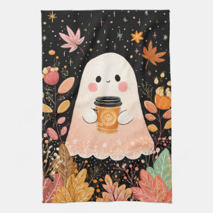 Cute Autumn Ghost with Pumpkin Coffee – Cosy Fall  Tea Towel