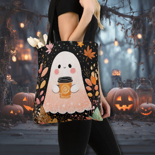 Cute Autumn Ghost with Pumpkin Coffee – Cosy Fall  Tote Bag