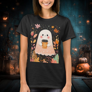 Cute Autumn Ghost with Pumpkin Coffee – Cozy Fall  T-Shirt