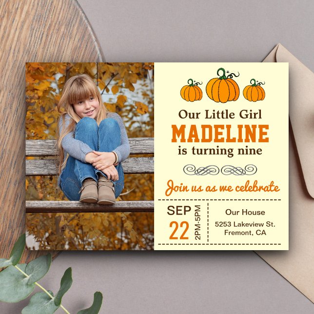 Cute Autumn Girl Pumpkin Birthday Photo Invitation (Creator Uploaded)