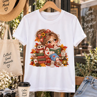 Cute Autumn Girl Reading Books Cosy Fall Illustrat Plus Size T-Shirt