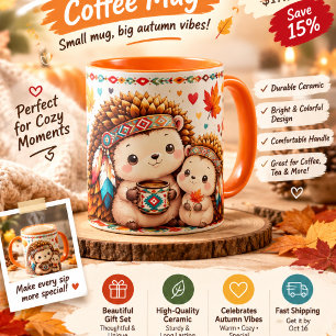 Cute Autumn Hedgehog Coffee Mug with Colourful Fal