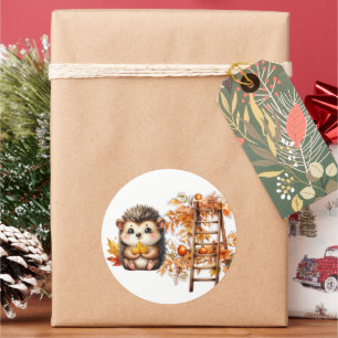 Cute Autumn Hedgehog with Harvest Ladder Illustrat Classic Round Sticker