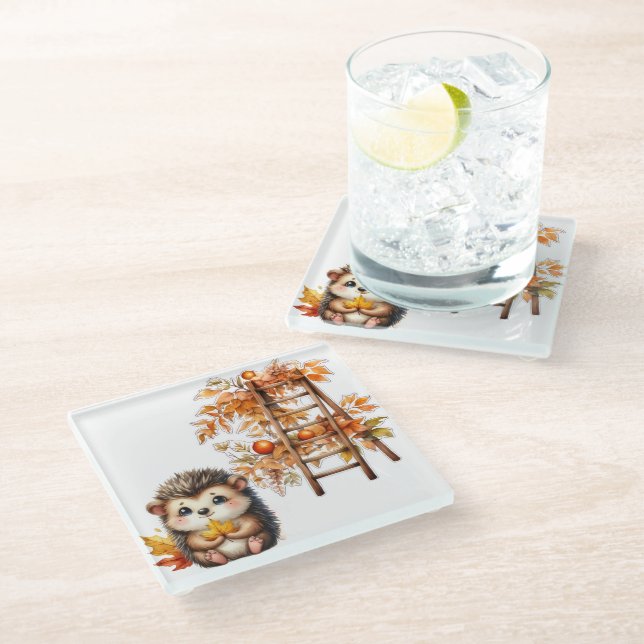 Cute Autumn Hedgehog with Harvest Ladder Illustrat Glass Coaster (Angled)
