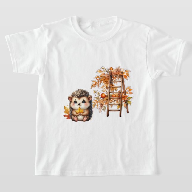 Cute Autumn Hedgehog with Harvest Ladder Illustrat T-Shirt (Laydown)