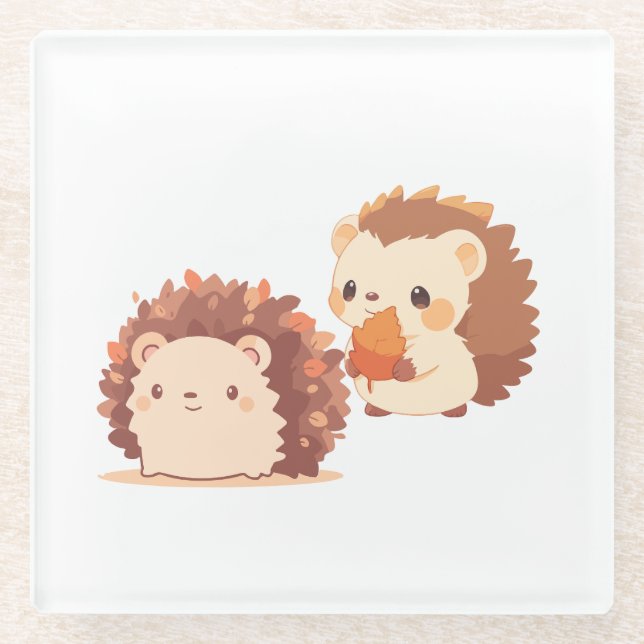 Cute Autumn Hedgehogs – Kawaii Fall Forest Animals Glass Coaster (Front)