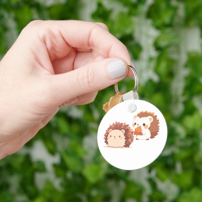 Cute Autumn Hedgehogs – Kawaii Fall Forest Animals Key Ring (Hand)