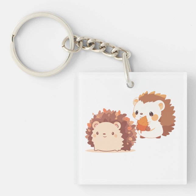 Cute Autumn Hedgehogs – Kawaii Fall Forest Animals Key Ring (Front)