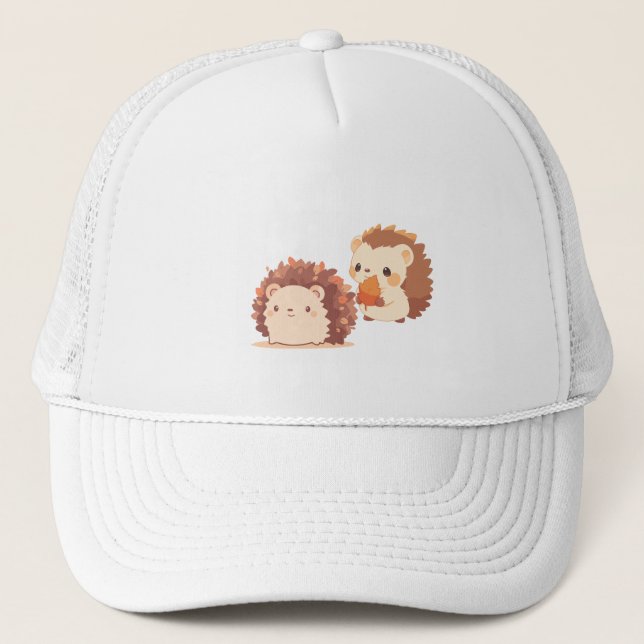 Cute Autumn Hedgehogs – Kawaii Fall Forest Animals Trucker Hat (Front)