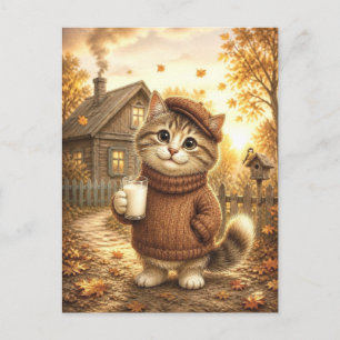 Cute Autumn Kitten in Sweater Holding Milk Glass Postcard