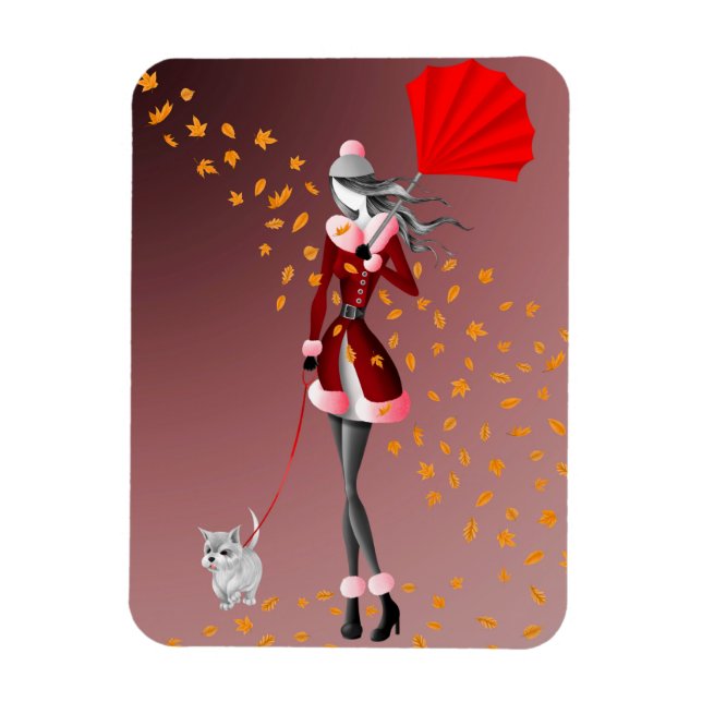 Cute Autumn Leave Winter Dog Walk  Magnet (Vertical)