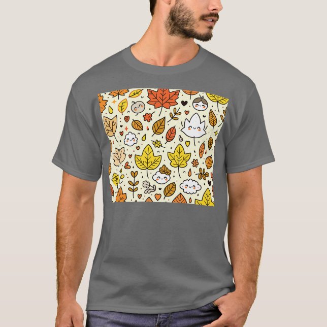 Cute Autumn Leaves and Cloud Pattern in Kawaii Sty T-Shirt (Front)