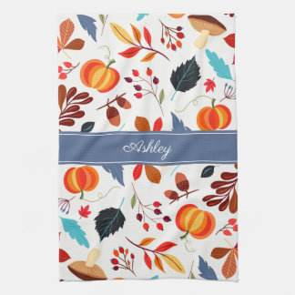 Cute Autumn Leaves Pumpkin Pattern & Your Name Tea Towel