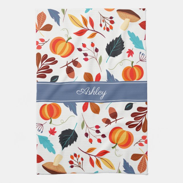 Cute Autumn Leaves Pumpkin Pattern & Your Name Tea Towel (Vertical)