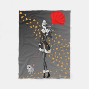 Cute Autumn Leaves Winter Dog Walk Black Fleece Blanket