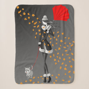 Cute Autumn Leaves Winter Dog Walk Grey Sherpa Blanket