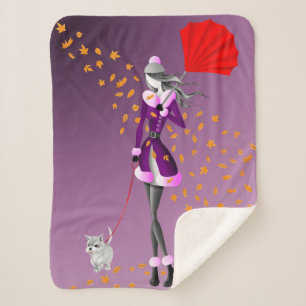 Cute Autumn Leaves Winter Dog Walk Purple Sherpa Blanket