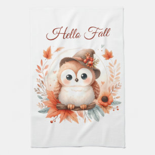 Cute Autumn Owl Sitting on a Branch Tea Towel