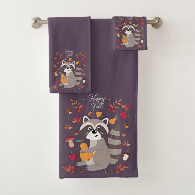 Cute autumn racoon with custom text bath towel set (Insitu)
