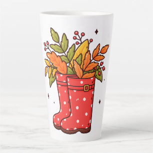 Cute Autumn Rain Boots with Fall Leaves and Berrie Latte Mug