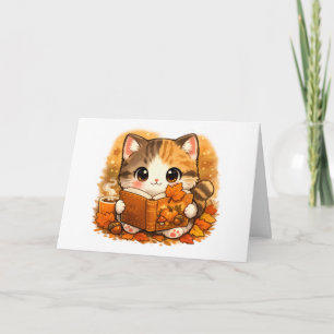 Cute Autumn Reading Kitty – Kawaii Cosy Fall Cat Card