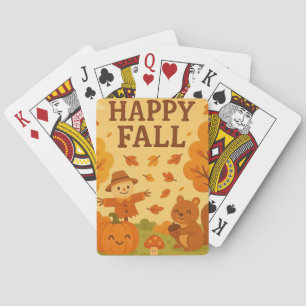 Cute autumn scene with pumpkin and squirrel playing cards