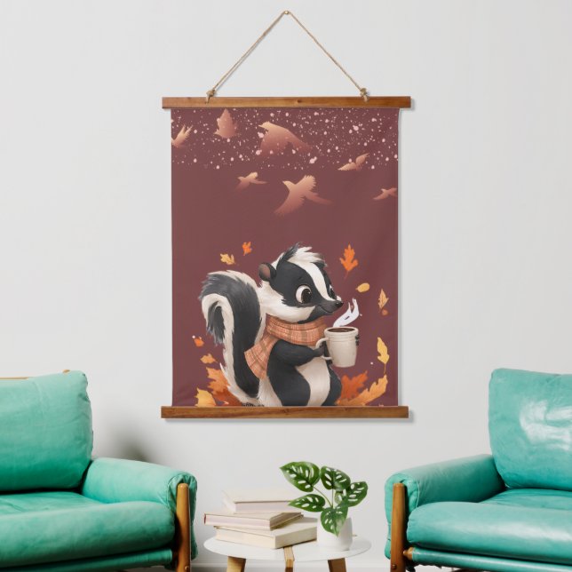 Cute Autumn Skunk with Coffee Wall Tapestry - Cosy (Living Room)