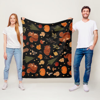 Cute Autumn Squirrel Pattern, Cosy Fall Pumpkin Mu Fleece Blanket