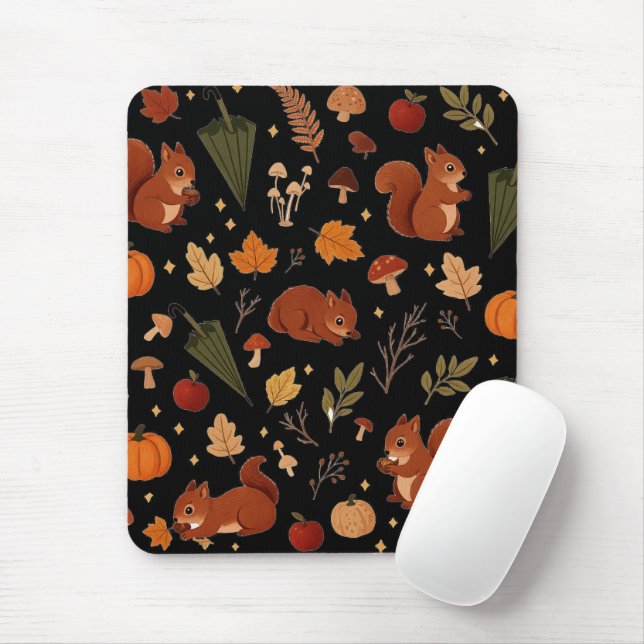 Cute Autumn Squirrel Pattern, Cosy Fall Pumpkin Mu Mouse Pad (With Mouse)